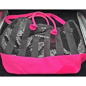Victoria's Secret Bling‎ Black Sequin & Pink Weekend Beach Large Tote Bag